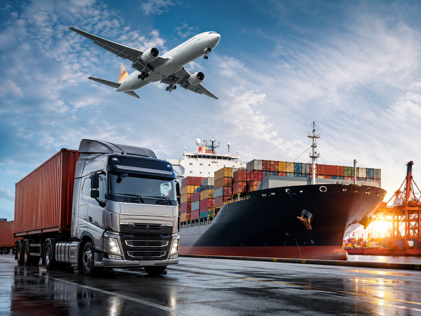 Truck, ship and aircraft representing integrated logistics