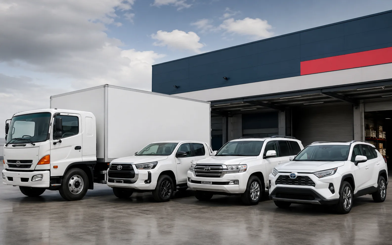 Illustrative fleet and warehouse scene